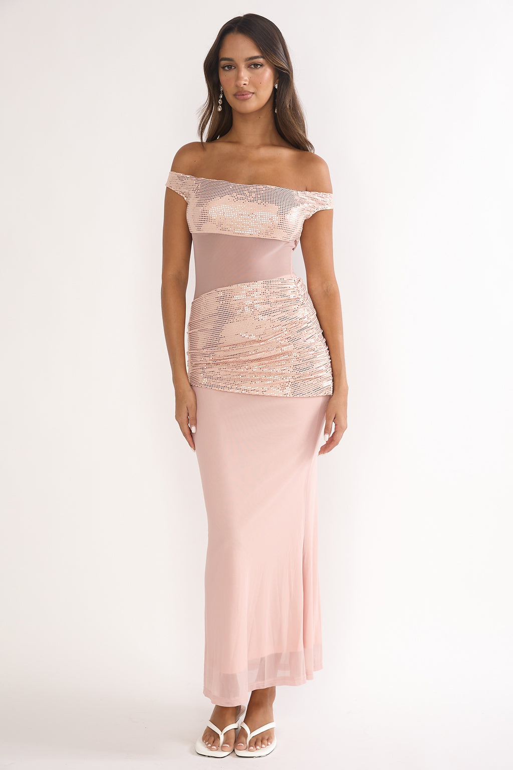 Bellora Off-Shoulder Sequin Trim Maxi Dress Nude by Selfie Leslie Australia