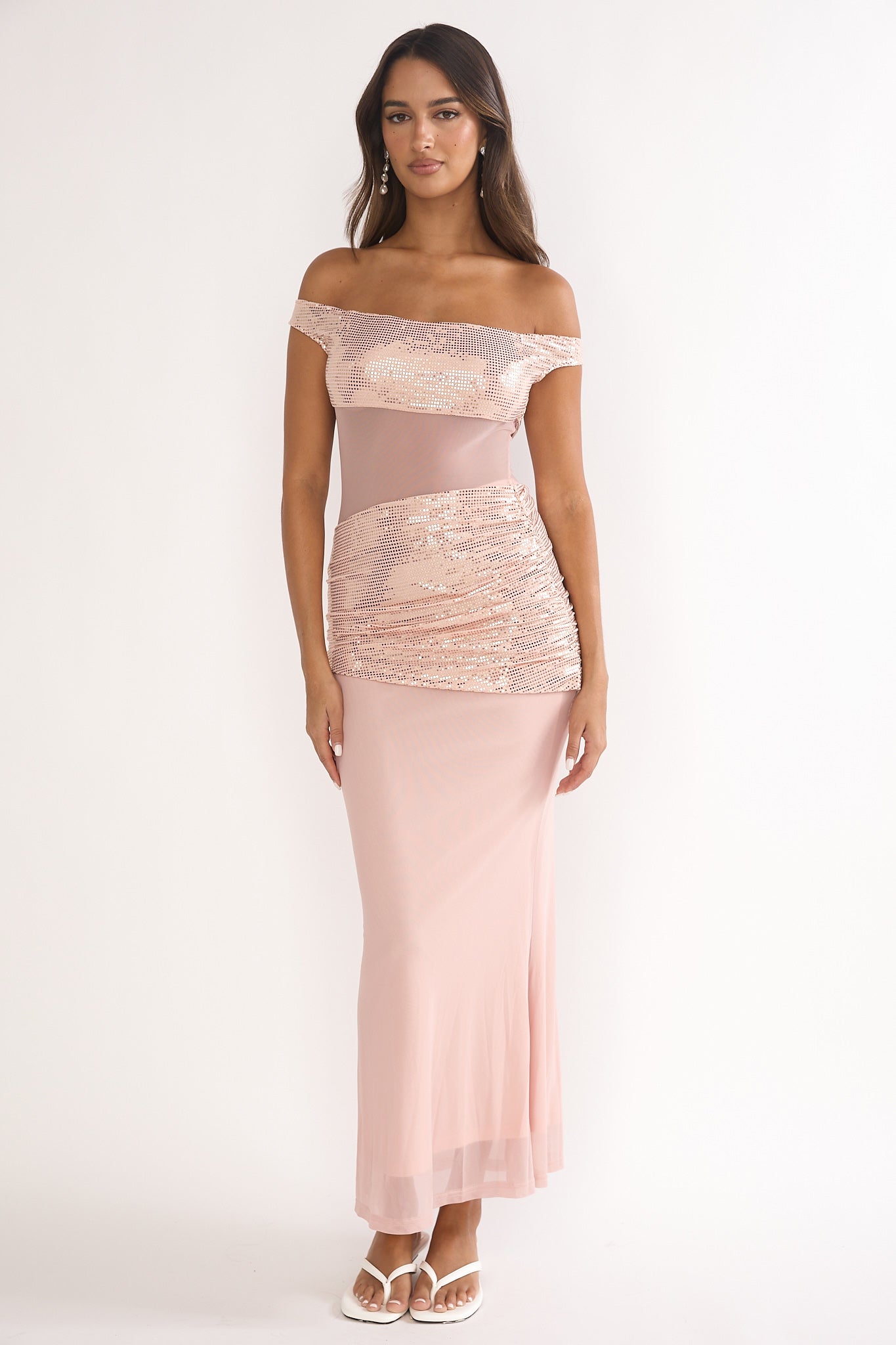 Bellora Off-Shoulder Sequin Trim Maxi Dress Nude by Selfie Leslie Australia