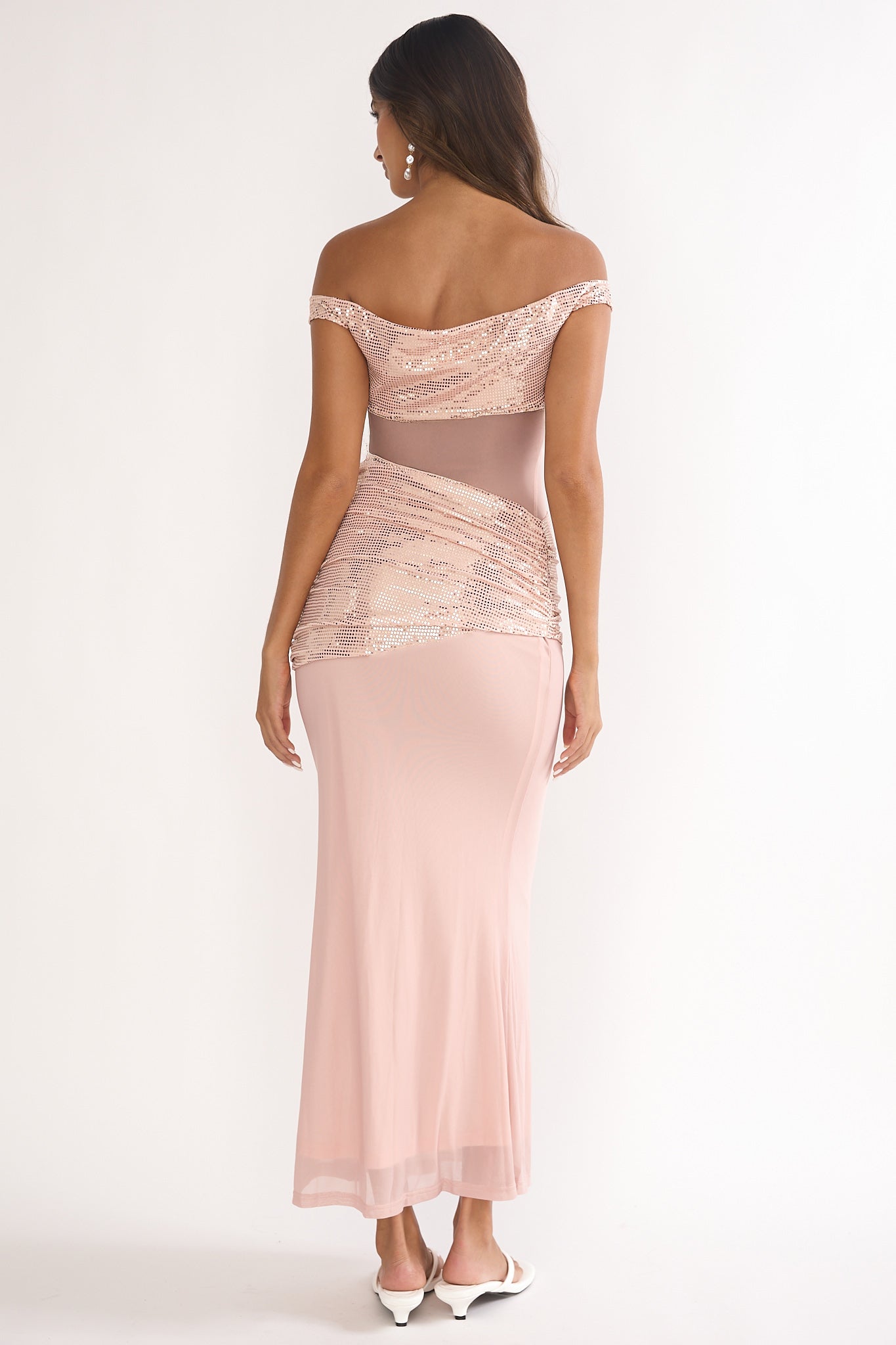 Bellora Off-Shoulder Sequin Trim Maxi Dress Nude by Selfie Leslie Australia