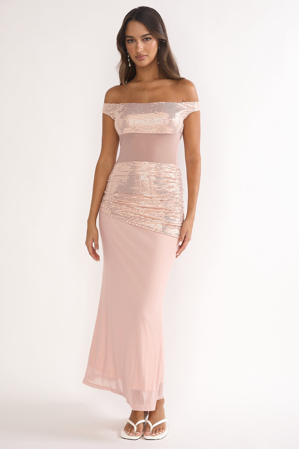 Bellora Off-Shoulder Sequin Trim Maxi Dress Nude by Selfie Leslie Australia