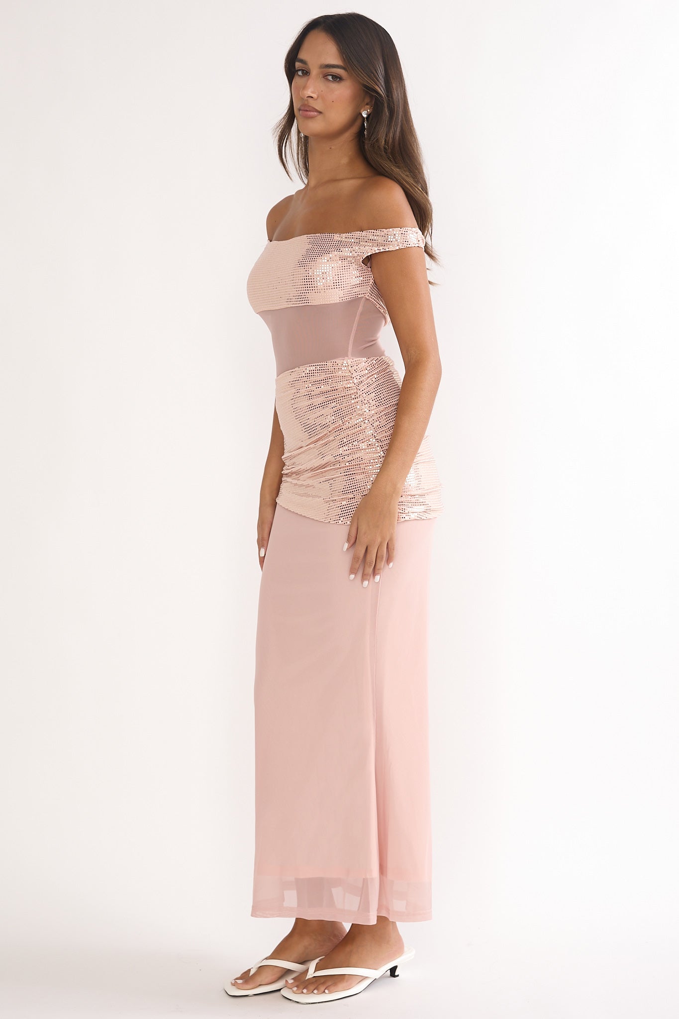 Bellora Off-Shoulder Sequin Trim Maxi Dress Nude by Selfie Leslie Australia