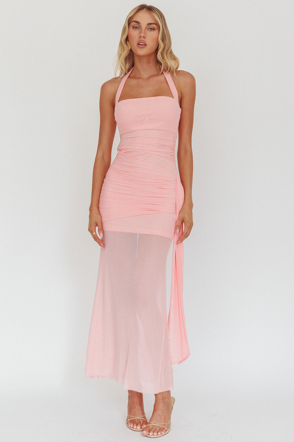 Rebekkah Halterneck Side Sash Maxi Dress Pink by Selfie Leslie Australia