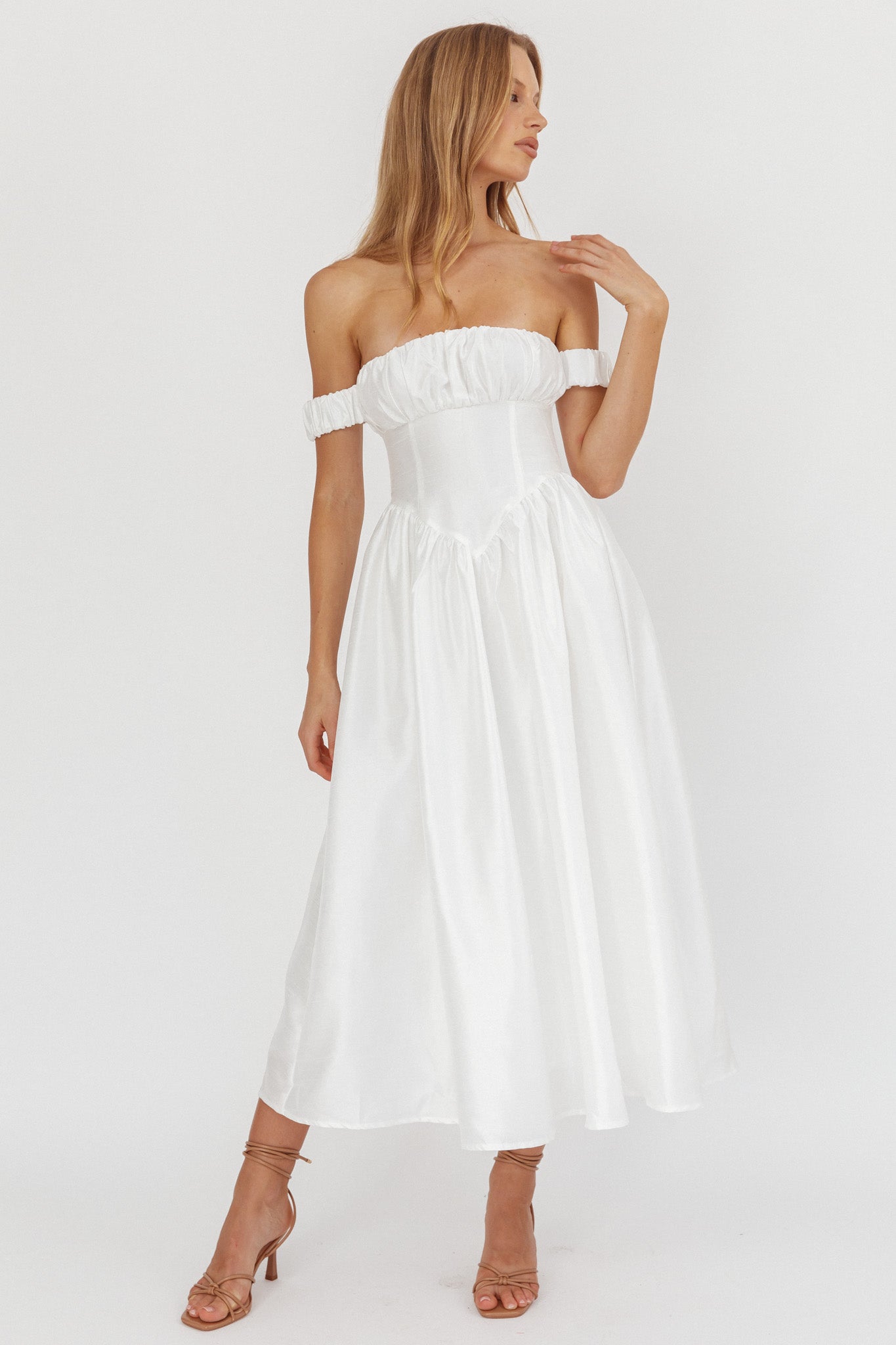 Shop the Heavens Above Off-Shoulder Basque Waist Midi Dress Ivory