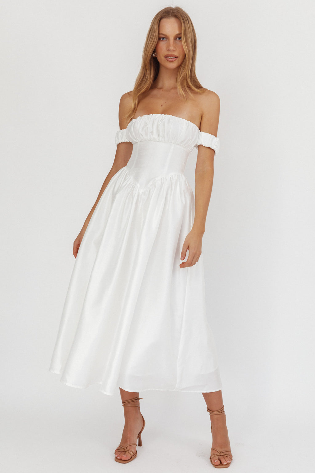 Shop the Heavens Above Off-Shoulder Basque Waist Midi Dress Ivory