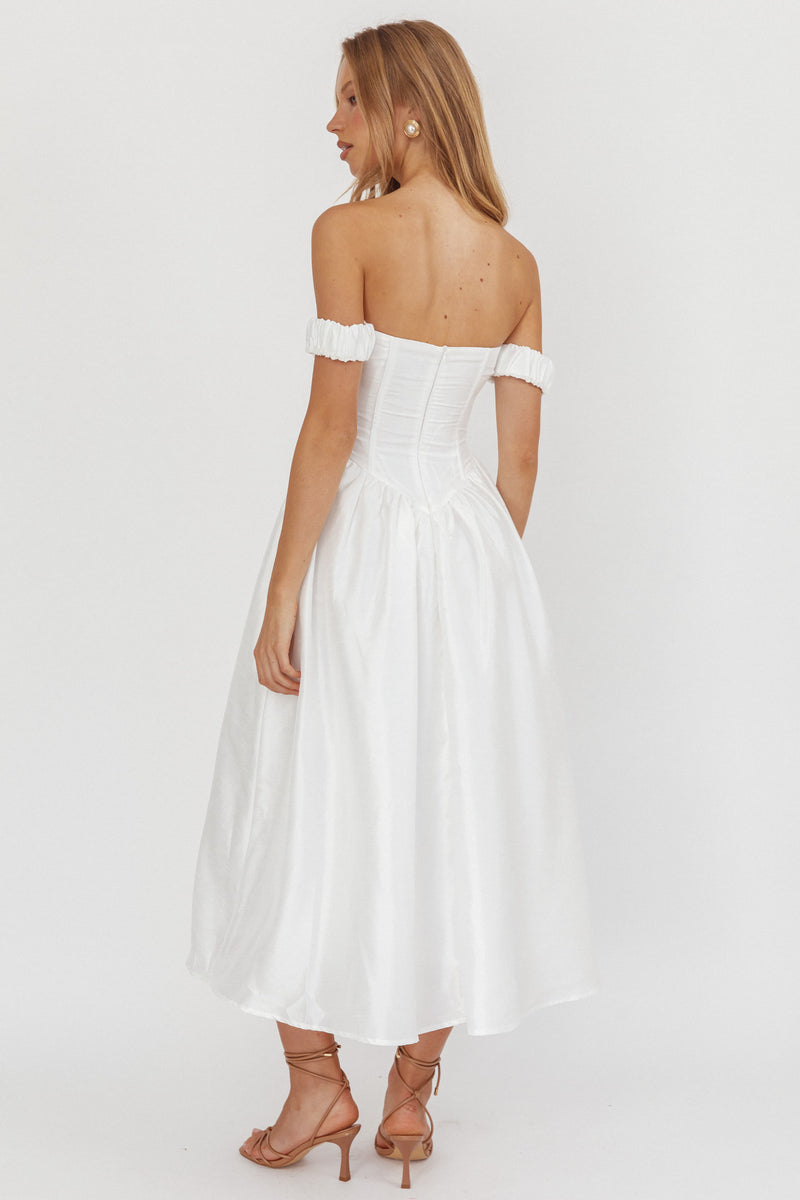 Shop the Heavens Above Off-Shoulder Basque Waist Midi Dress Ivory