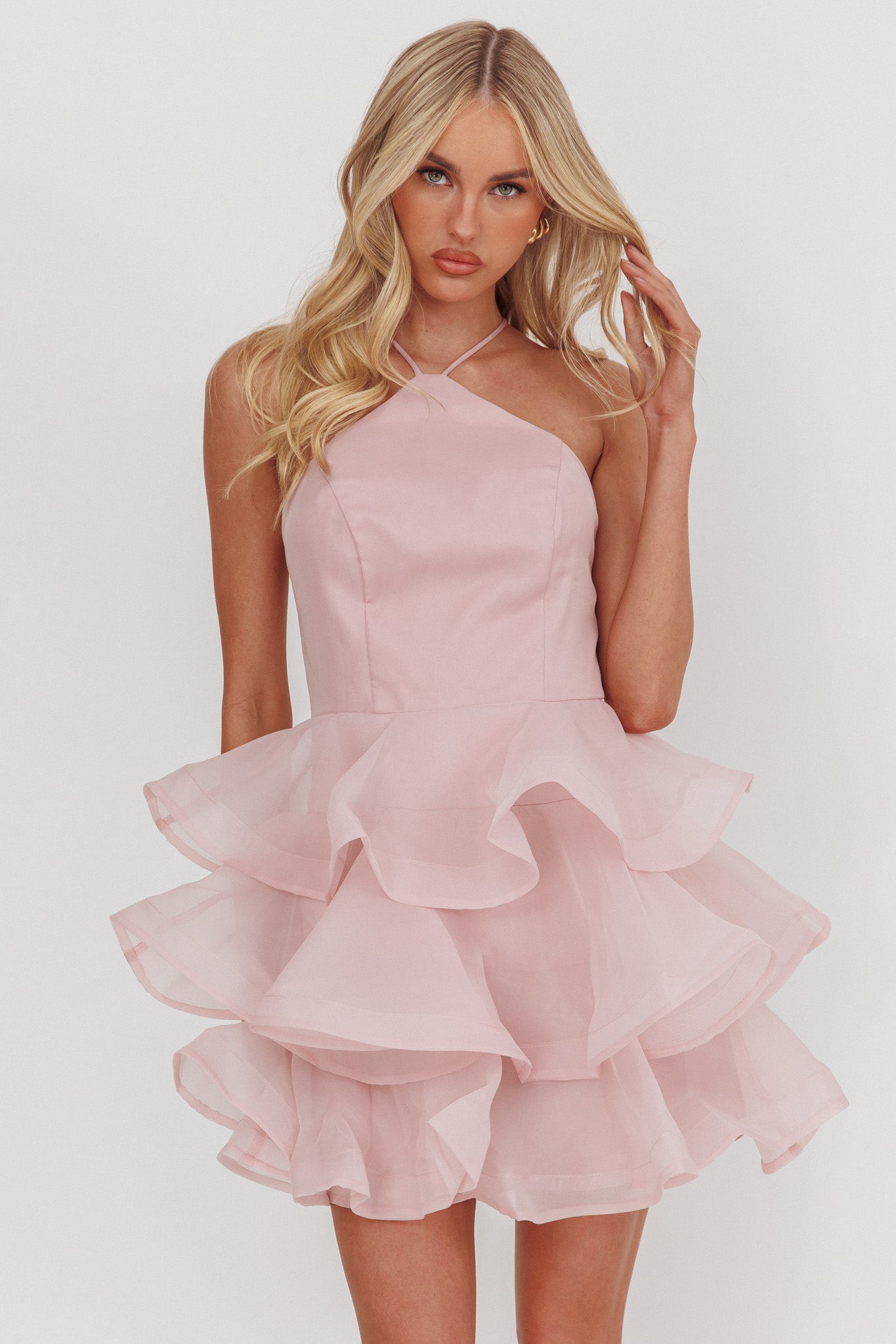 Kiera Layered Ruffle Strappy Mini Dress Pink by Selfie Leslie Australia