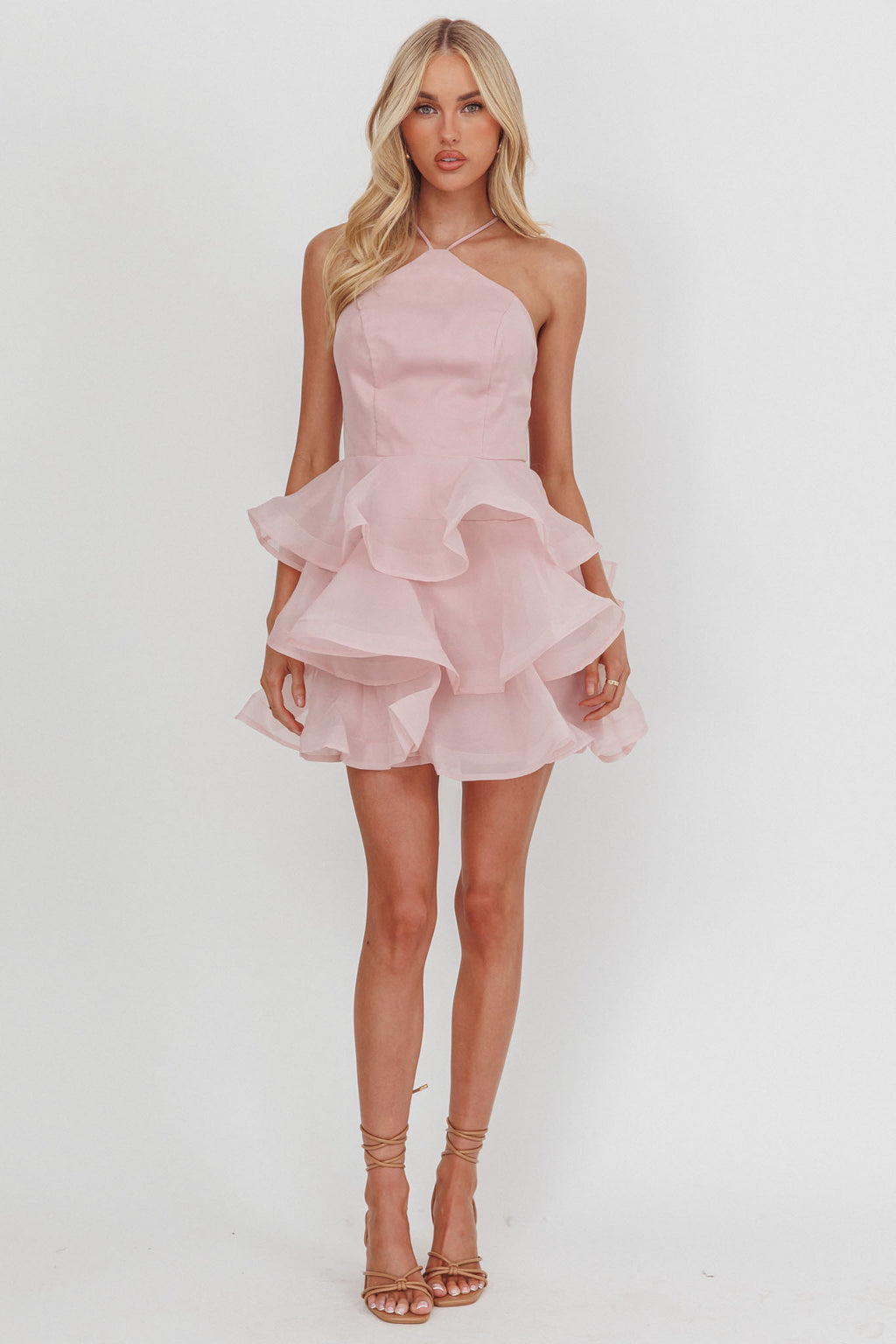 Kiera Layered Ruffle Strappy Mini Dress Pink by Selfie Leslie Australia