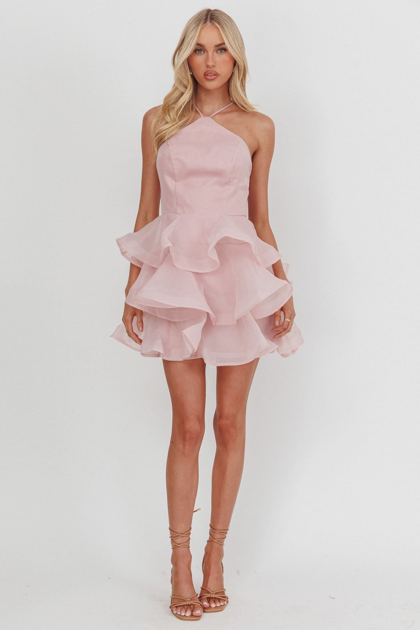 Kiera Layered Ruffle Strappy Mini Dress Pink by Selfie Leslie Australia