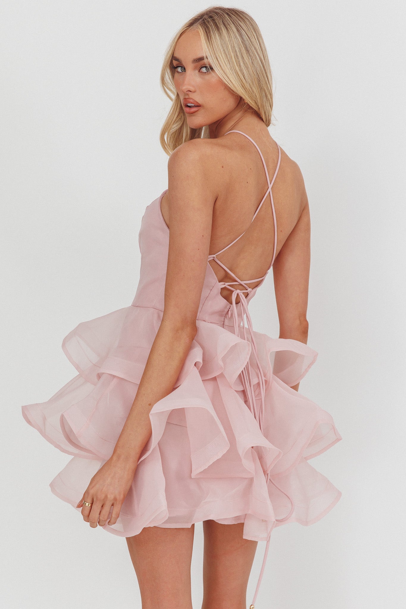Kiera Layered Ruffle Strappy Mini Dress Pink by Selfie Leslie Australia
