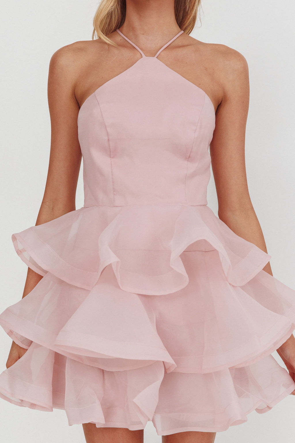 Kiera Layered Ruffle Strappy Mini Dress Pink by Selfie Leslie Australia