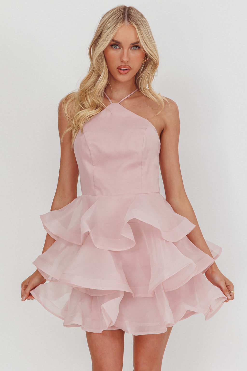 Kiera Layered Ruffle Strappy Mini Dress Pink by Selfie Leslie Australia