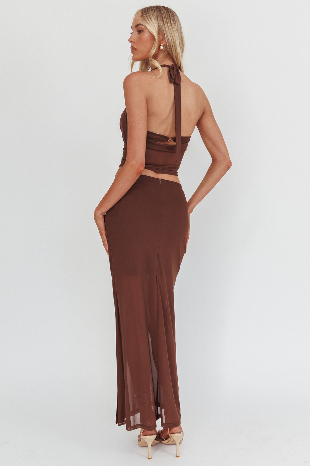 Paullina Gold Buckle Mesh Maxi Skirt Brown by Selfie Leslie Australia
