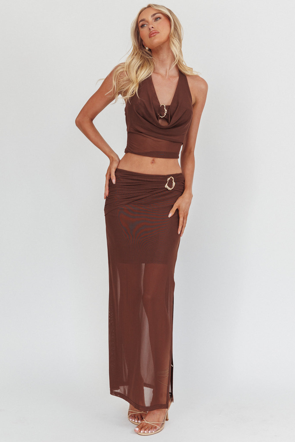 Paullina Gold Buckle Mesh Maxi Skirt Brown by Selfie Leslie Australia