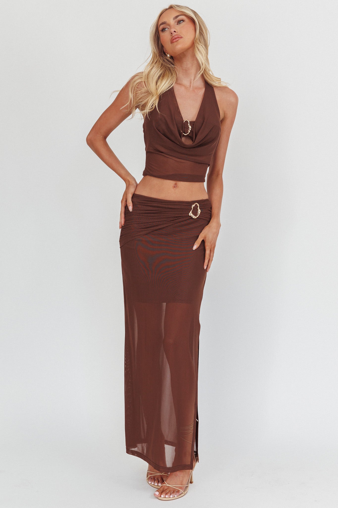 Paullina Gold Buckle Mesh Maxi Skirt Brown by Selfie Leslie Australia