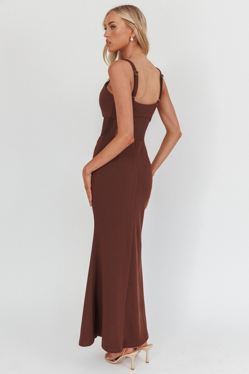 Shelbie Sheer Waist Maxi Dress Chocolate by Selfie Leslie Australia