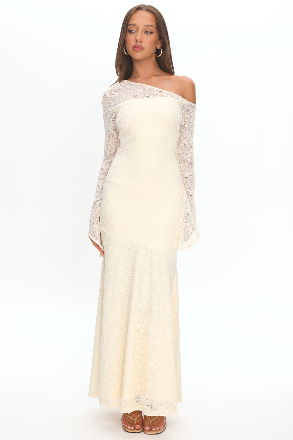 Lylah Asymmetric Neckline Long Sleeve Maxi Dress Lace Butter by Selfie Leslie Australia
