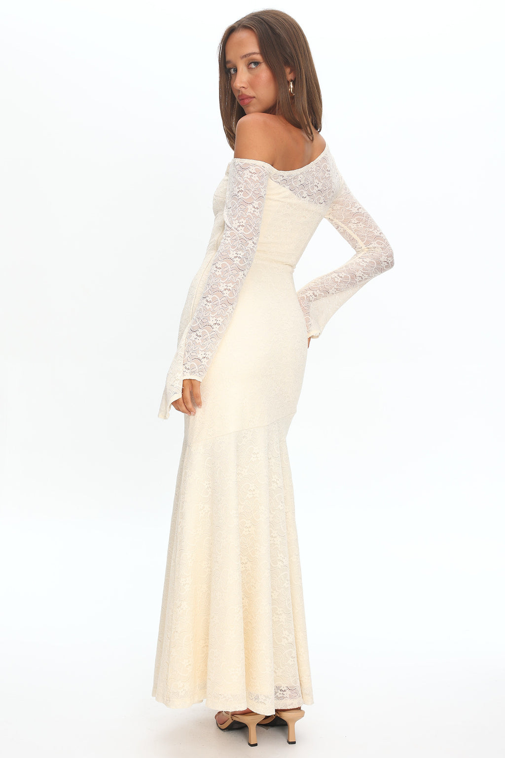 Lylah Asymmetric Neckline Long Sleeve Maxi Dress Lace Butter by Selfie Leslie Australia