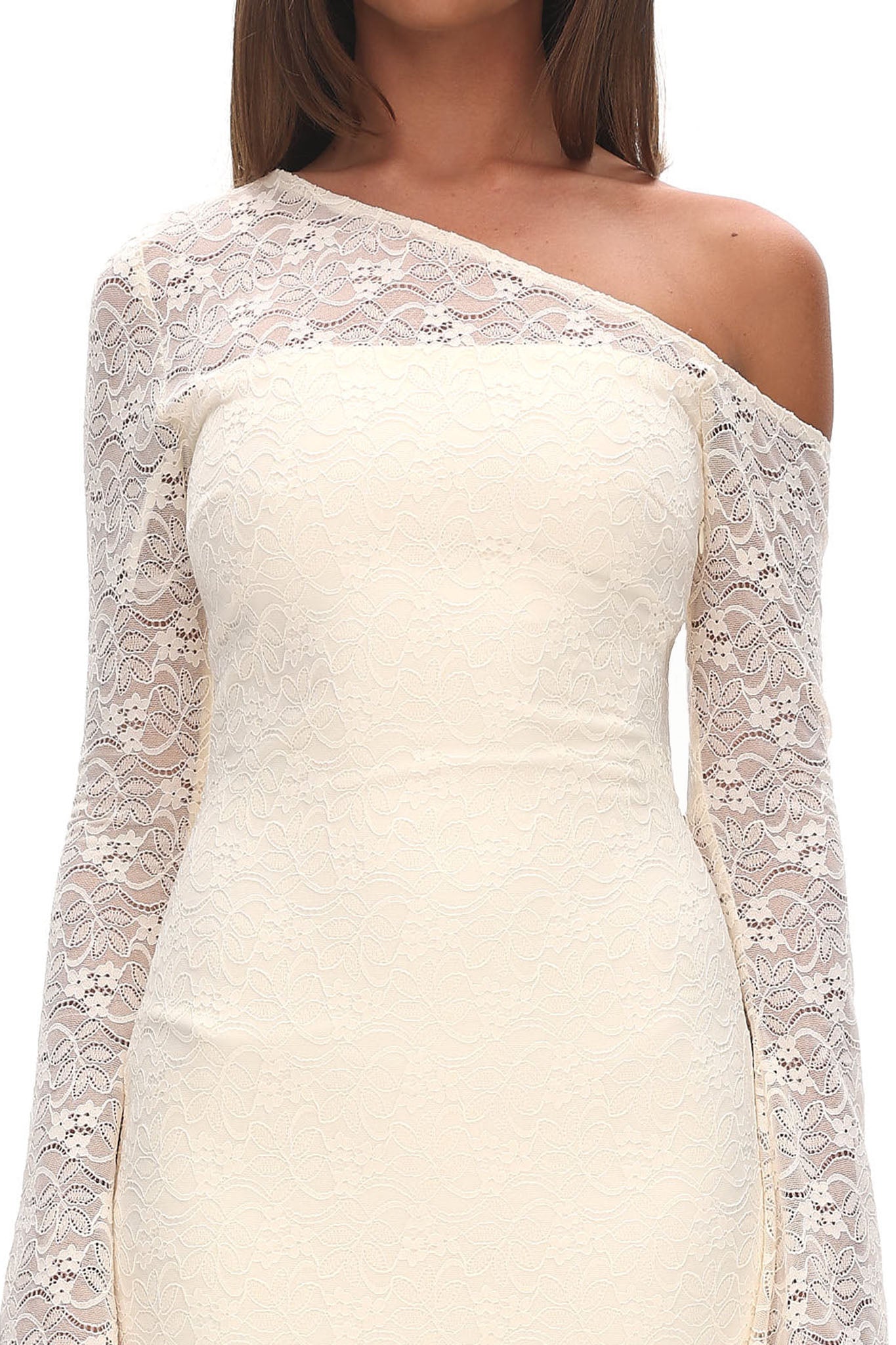 Lylah Asymmetric Neckline Long Sleeve Maxi Dress Lace Butter by Selfie Leslie Australia