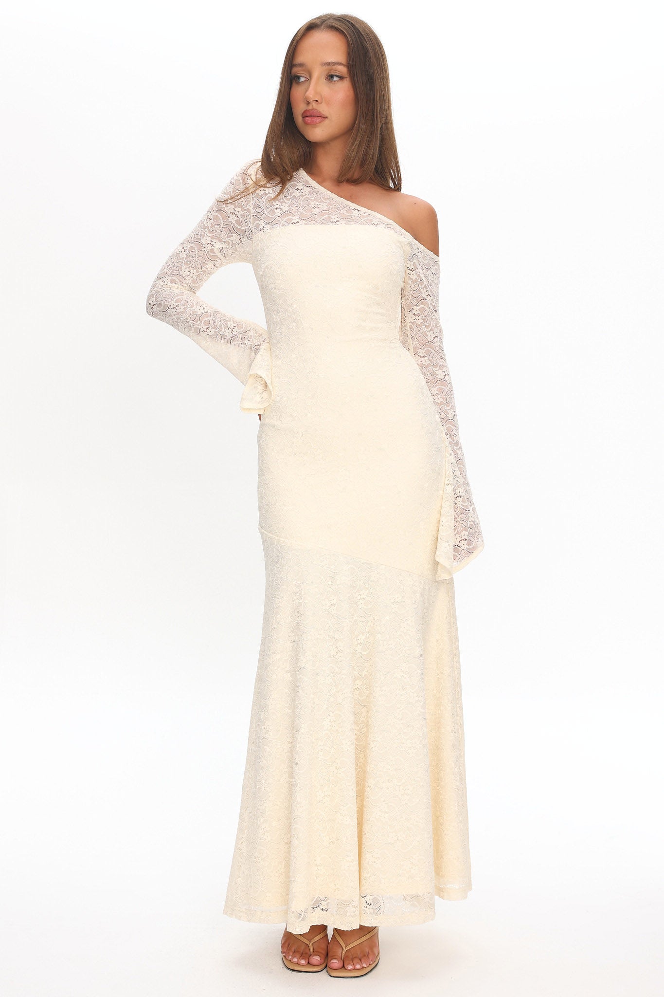 Lylah Asymmetric Neckline Long Sleeve Maxi Dress Lace Butter by Selfie Leslie Australia