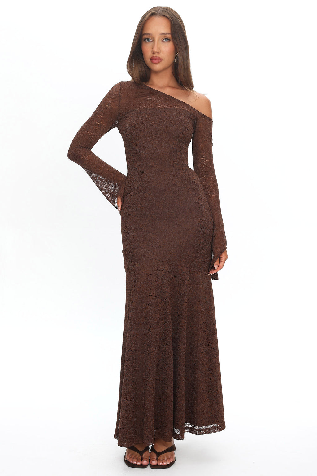 Lylah Asymmetric Neckline Long Sleeve Maxi Dress Lace Chocolate by Selfie Leslie Australia