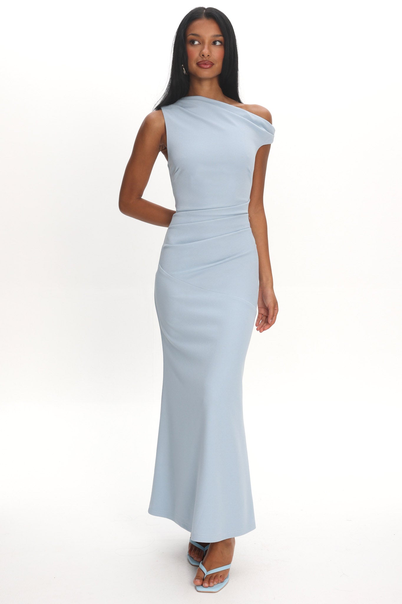 Lylah Asymmetric Neckline Mesh Maxi Dress Light Blue by Selfie Leslie Australia