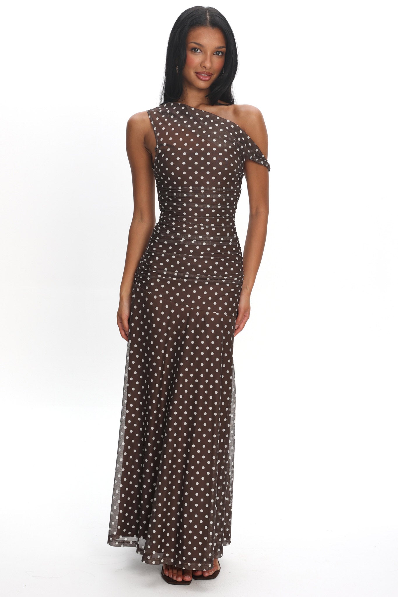 Lylah Asymmetric Neckline Mesh Maxi Dress Polka Dot Chocolate by Selfie Leslie Australia
