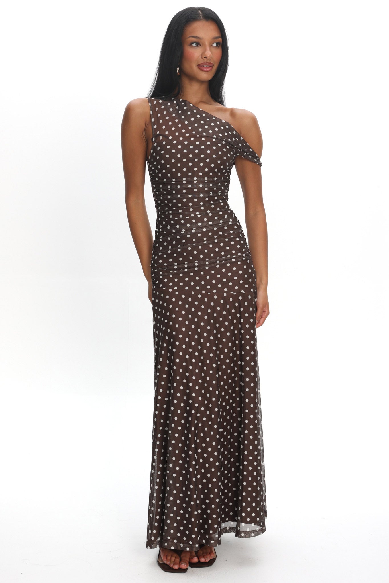 Lylah Asymmetric Neckline Mesh Maxi Dress Polka Dot Chocolate by Selfie Leslie Australia