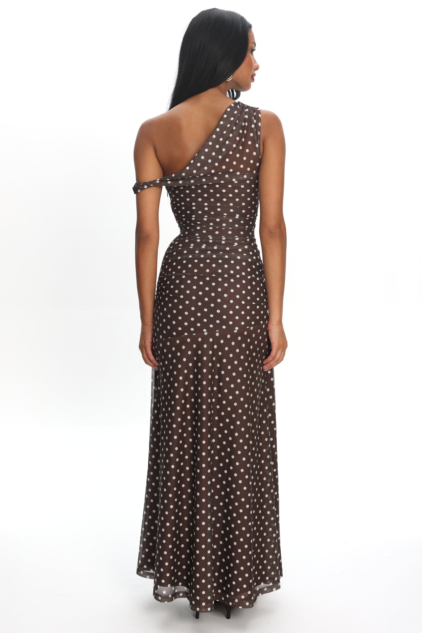 Lylah Asymmetric Neckline Mesh Maxi Dress Polka Dot Chocolate by Selfie Leslie Australia