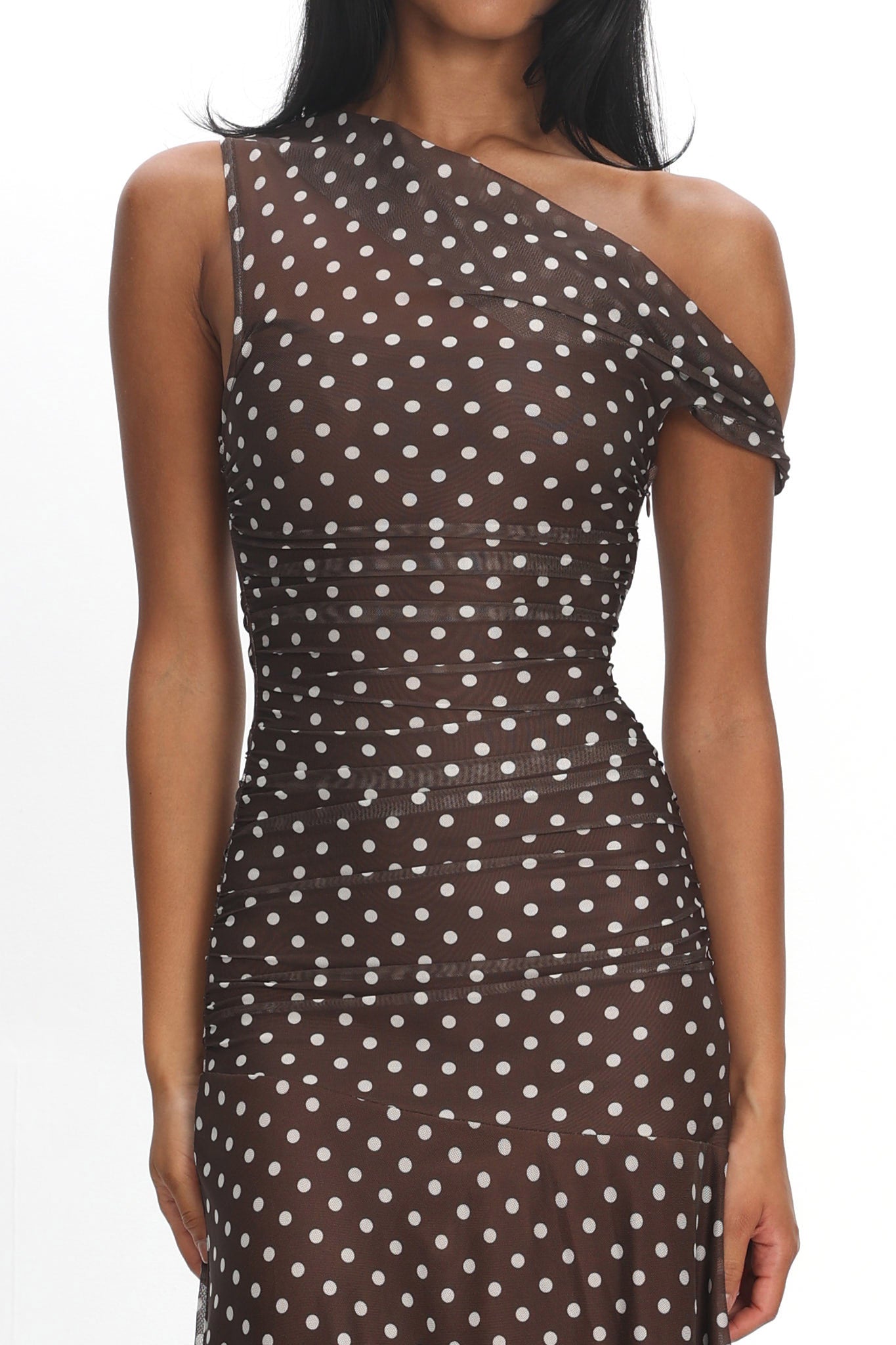 Lylah Asymmetric Neckline Mesh Maxi Dress Polka Dot Chocolate by Selfie Leslie Australia