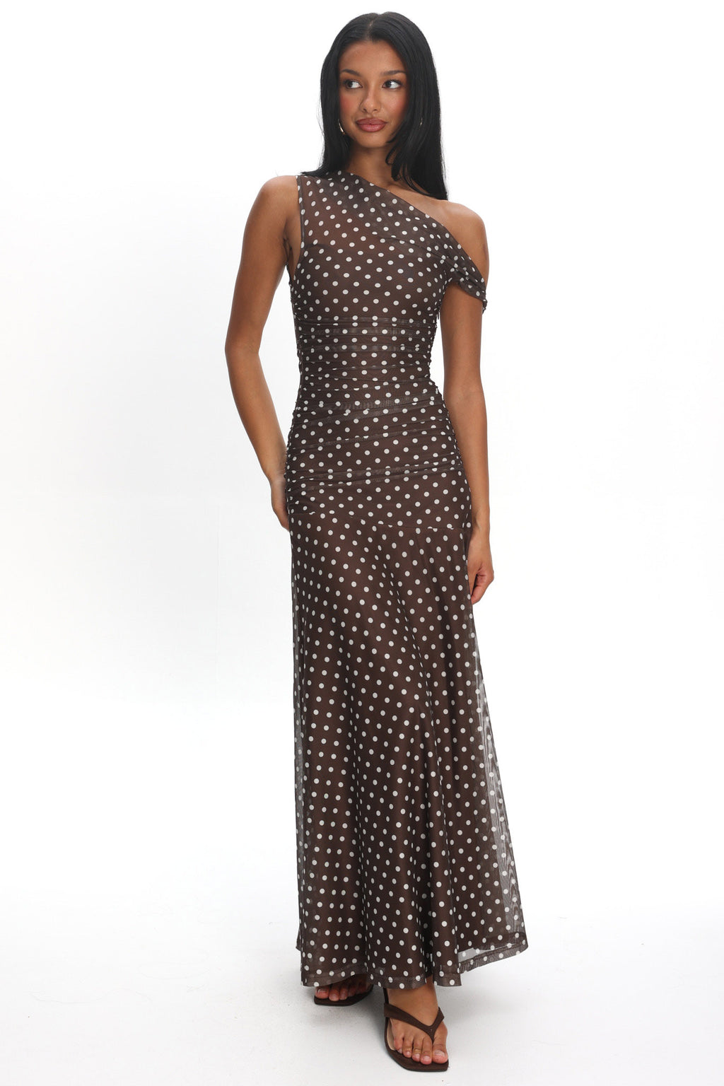 Lylah Asymmetric Neckline Mesh Maxi Dress Polka Dot Chocolate by Selfie Leslie Australia
