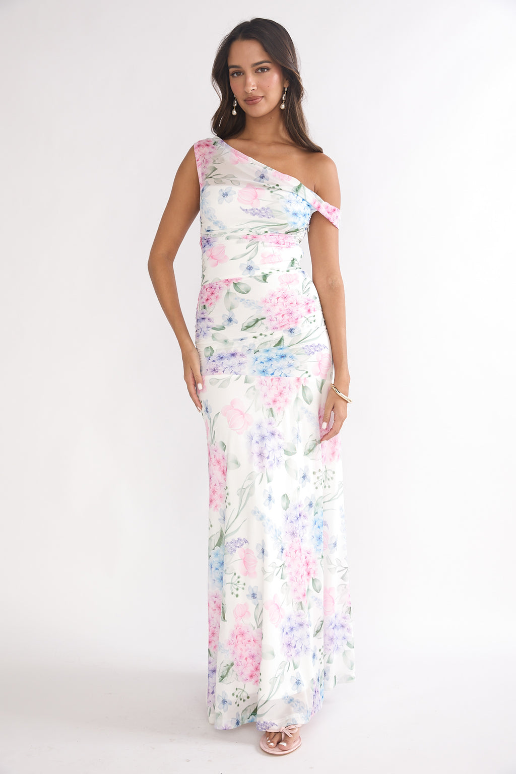 Lylah Asymmetric Neckline Mesh Maxi Dress Floral Blue by Selfie Leslie Australia