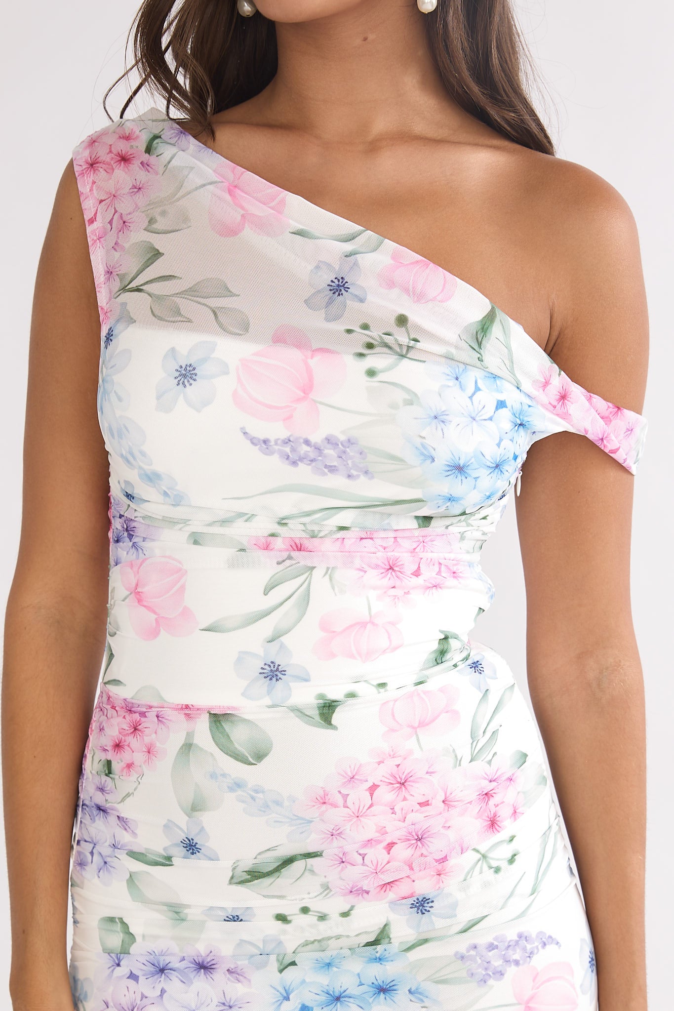 Lylah Asymmetric Neckline Mesh Maxi Dress Floral Blue by Selfie Leslie Australia