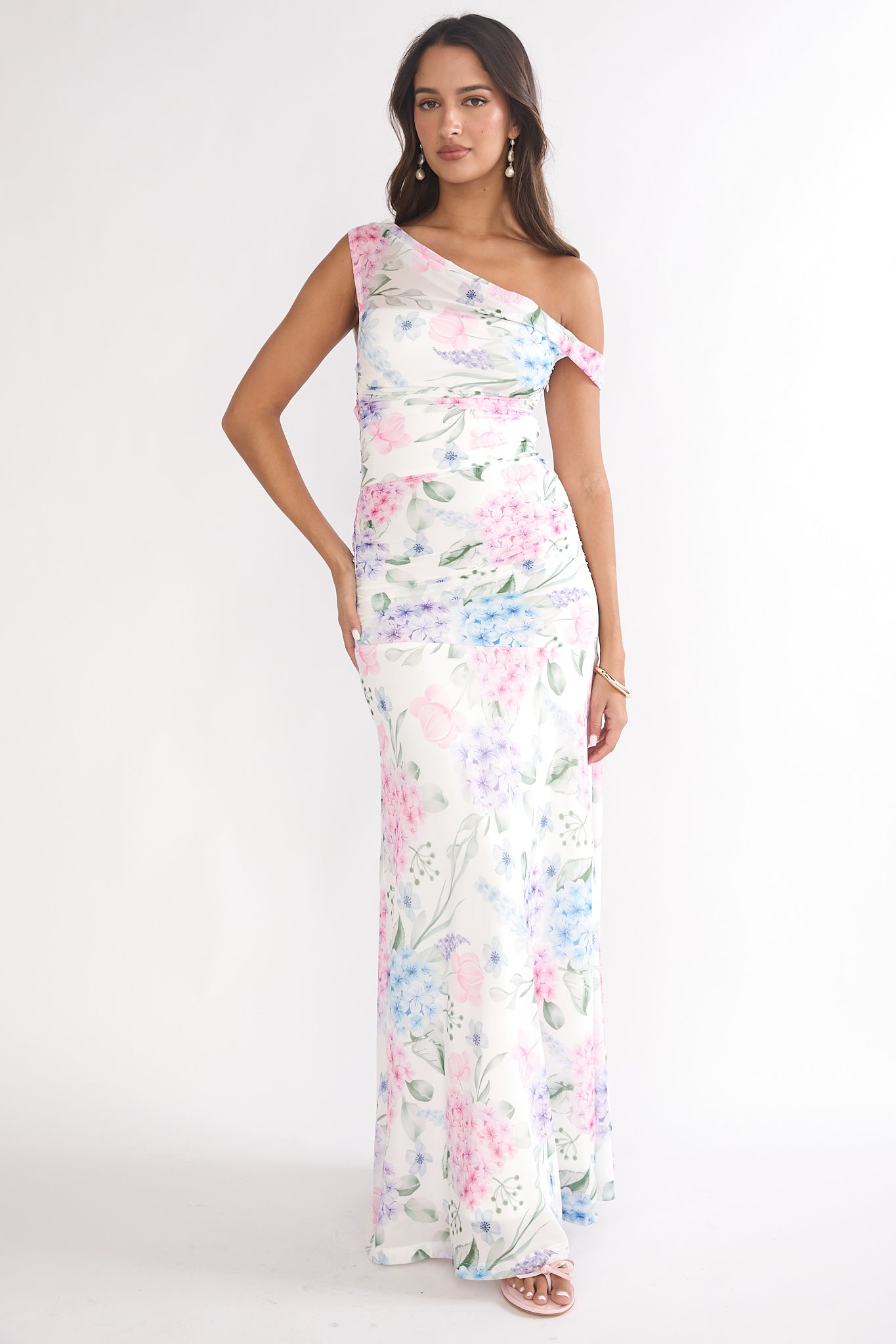 Lylah Asymmetric Neckline Mesh Maxi Dress Floral Blue by Selfie Leslie Australia