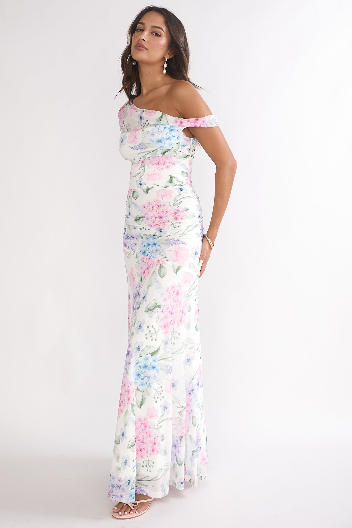 Lylah Asymmetric Neckline Mesh Maxi Dress Floral Blue by Selfie Leslie Australia