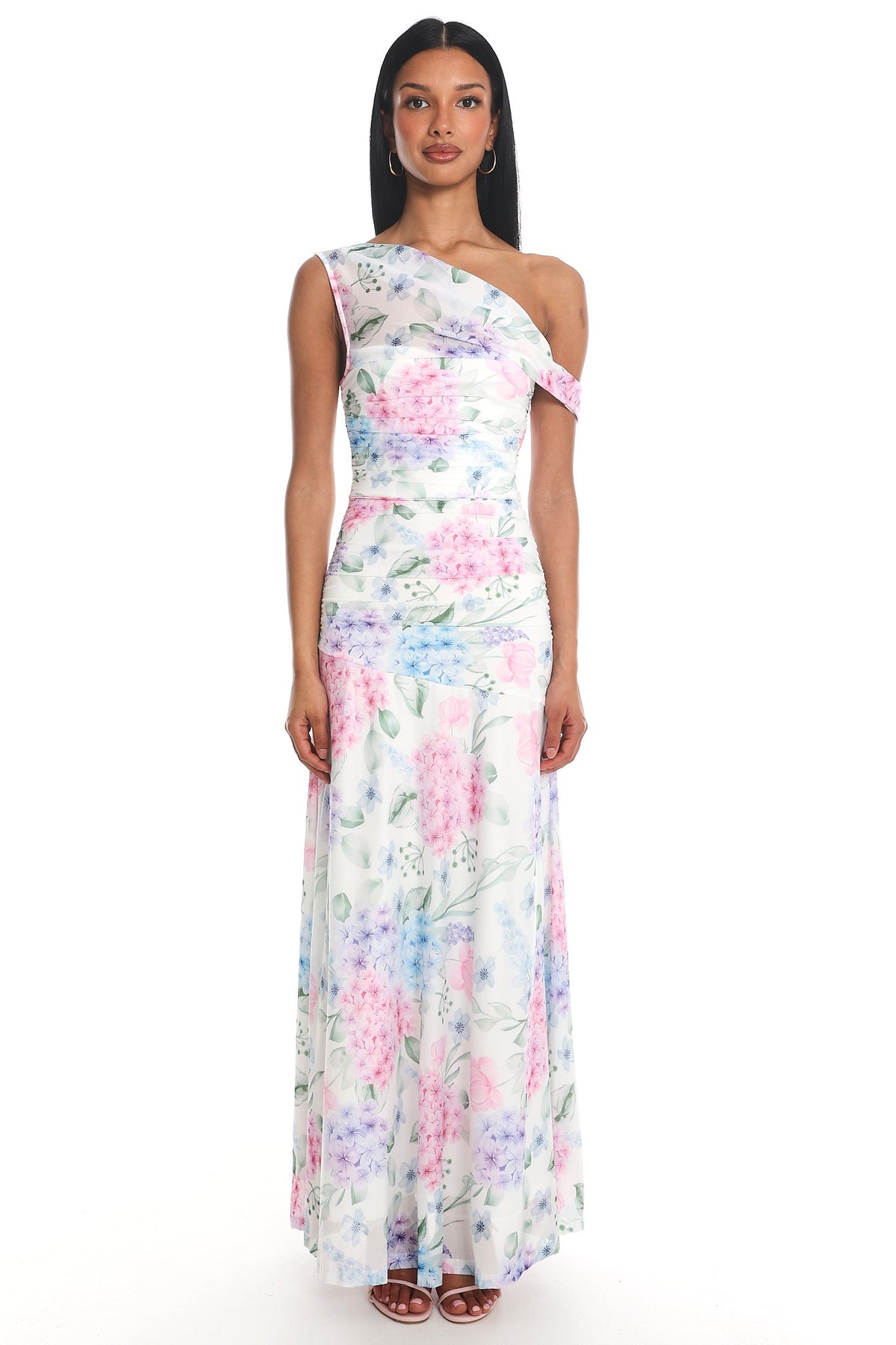 Lylah Asymmetric Neckline Mesh Maxi Dress Floral Blue by Selfie Leslie Australia