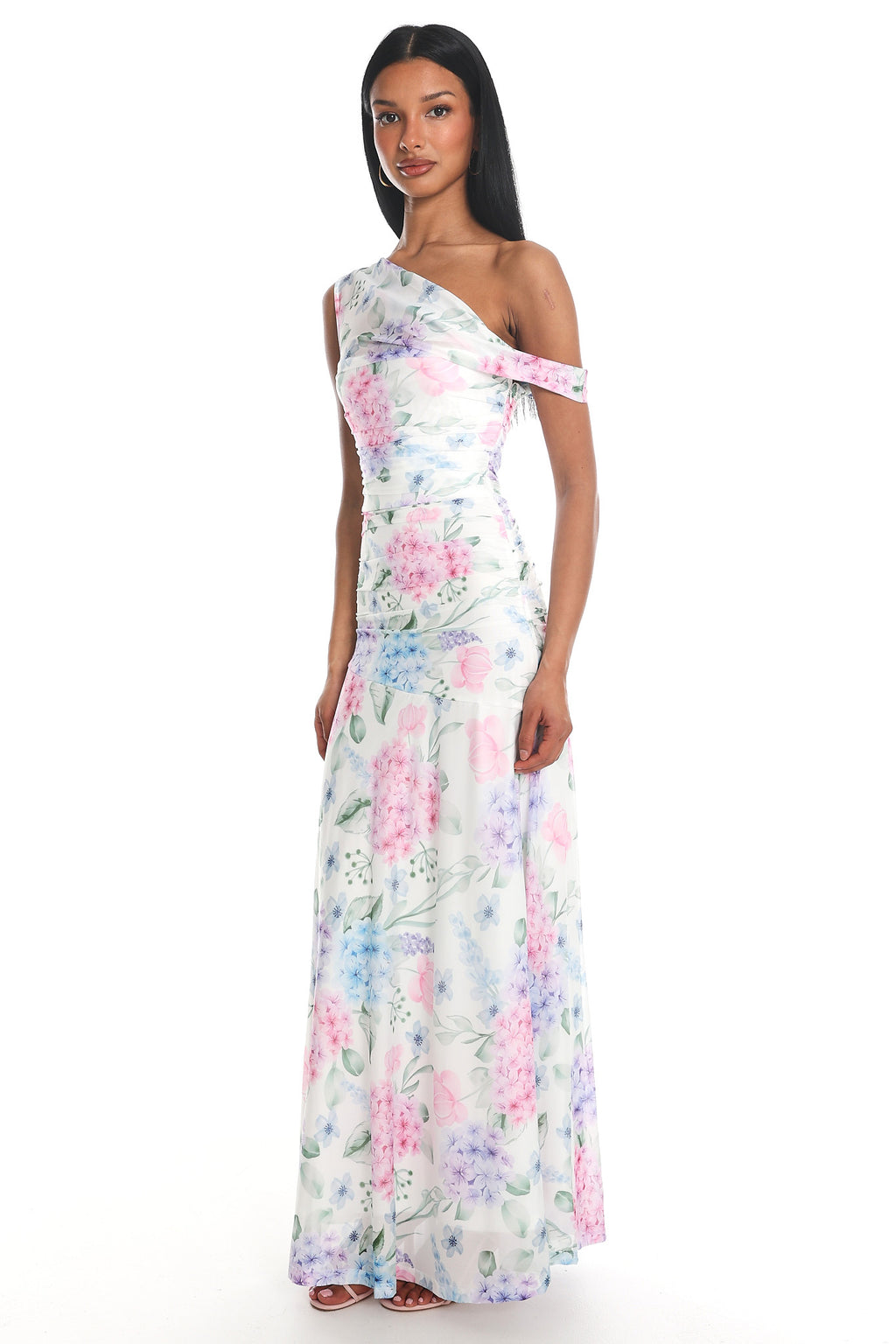 Lylah Asymmetric Neckline Mesh Maxi Dress Floral Blue by Selfie Leslie Australia