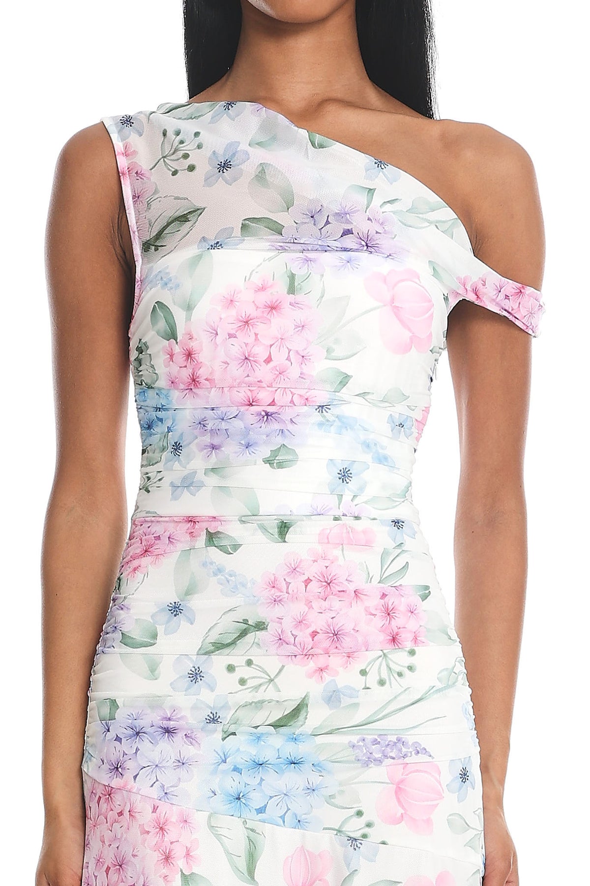 Lylah Asymmetric Neckline Mesh Maxi Dress Floral Blue by Selfie Leslie Australia