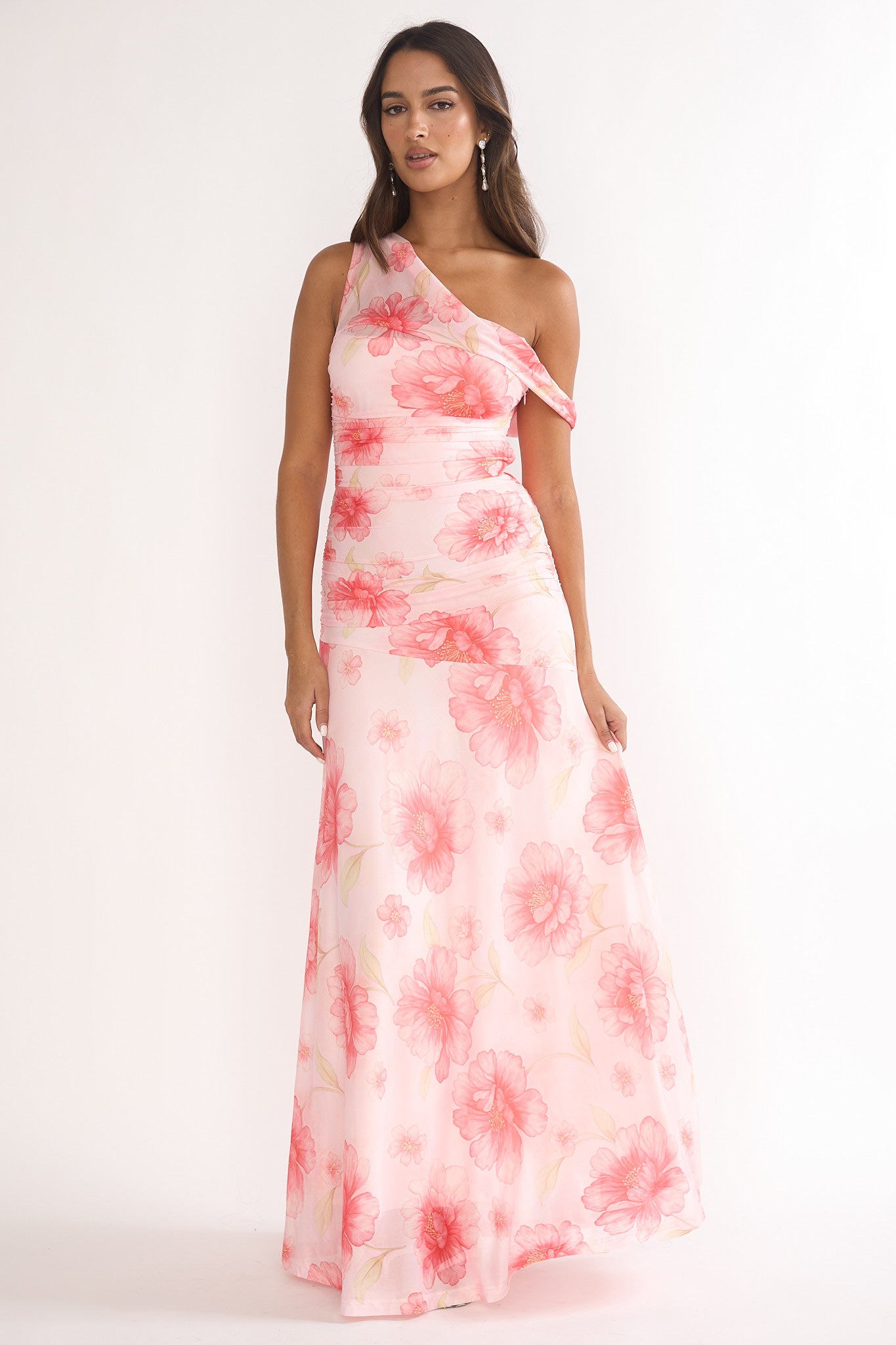 Lylah Asymmetric Neckline Mesh Maxi Dress Floral Pink by Selfie Leslie Australia