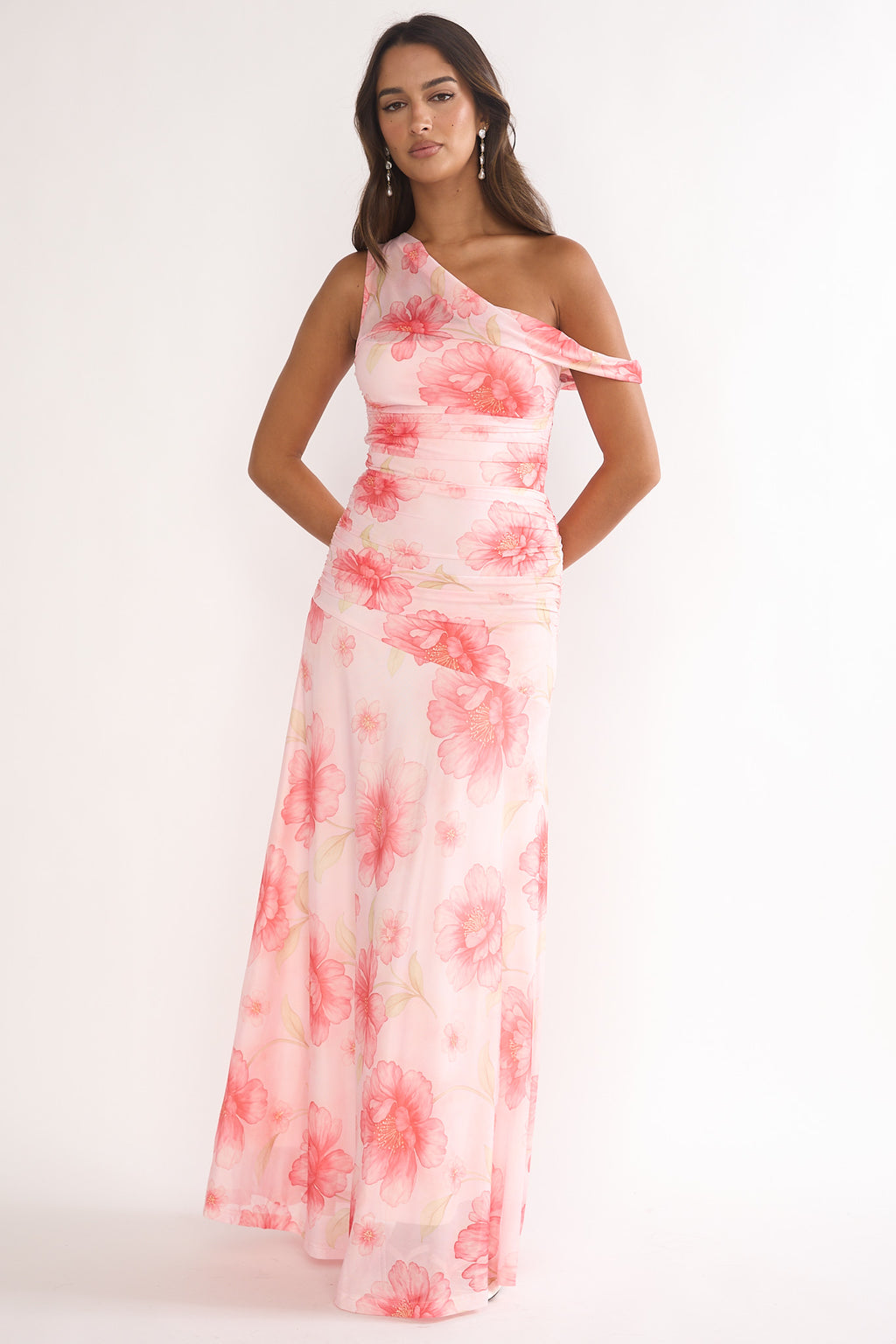 Lylah Asymmetric Neckline Mesh Maxi Dress Floral Pink by Selfie Leslie Australia
