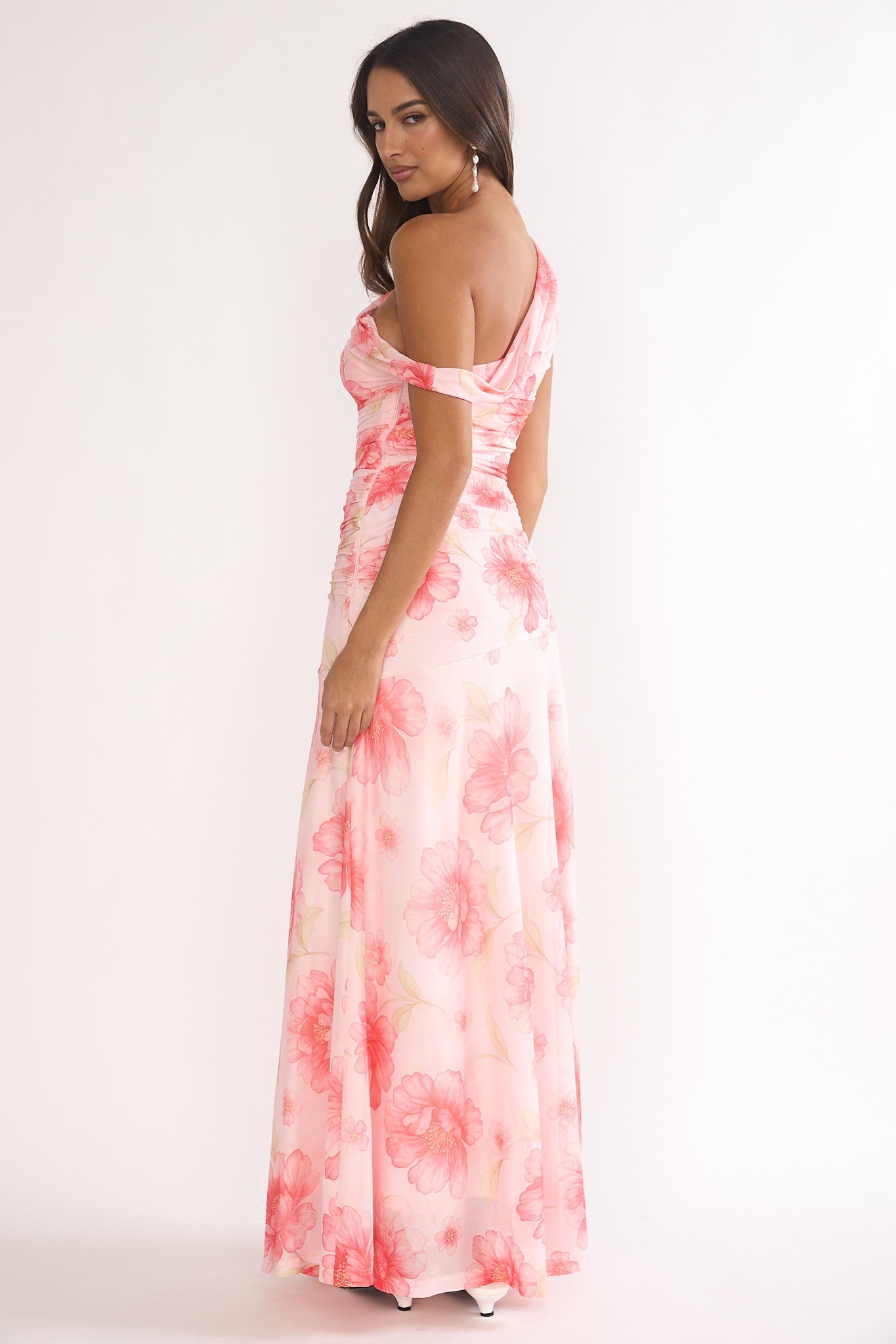 Lylah Asymmetric Neckline Mesh Maxi Dress Floral Pink by Selfie Leslie Australia