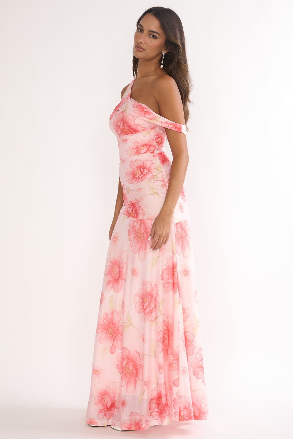 Lylah Asymmetric Neckline Mesh Maxi Dress Floral Pink by Selfie Leslie Australia