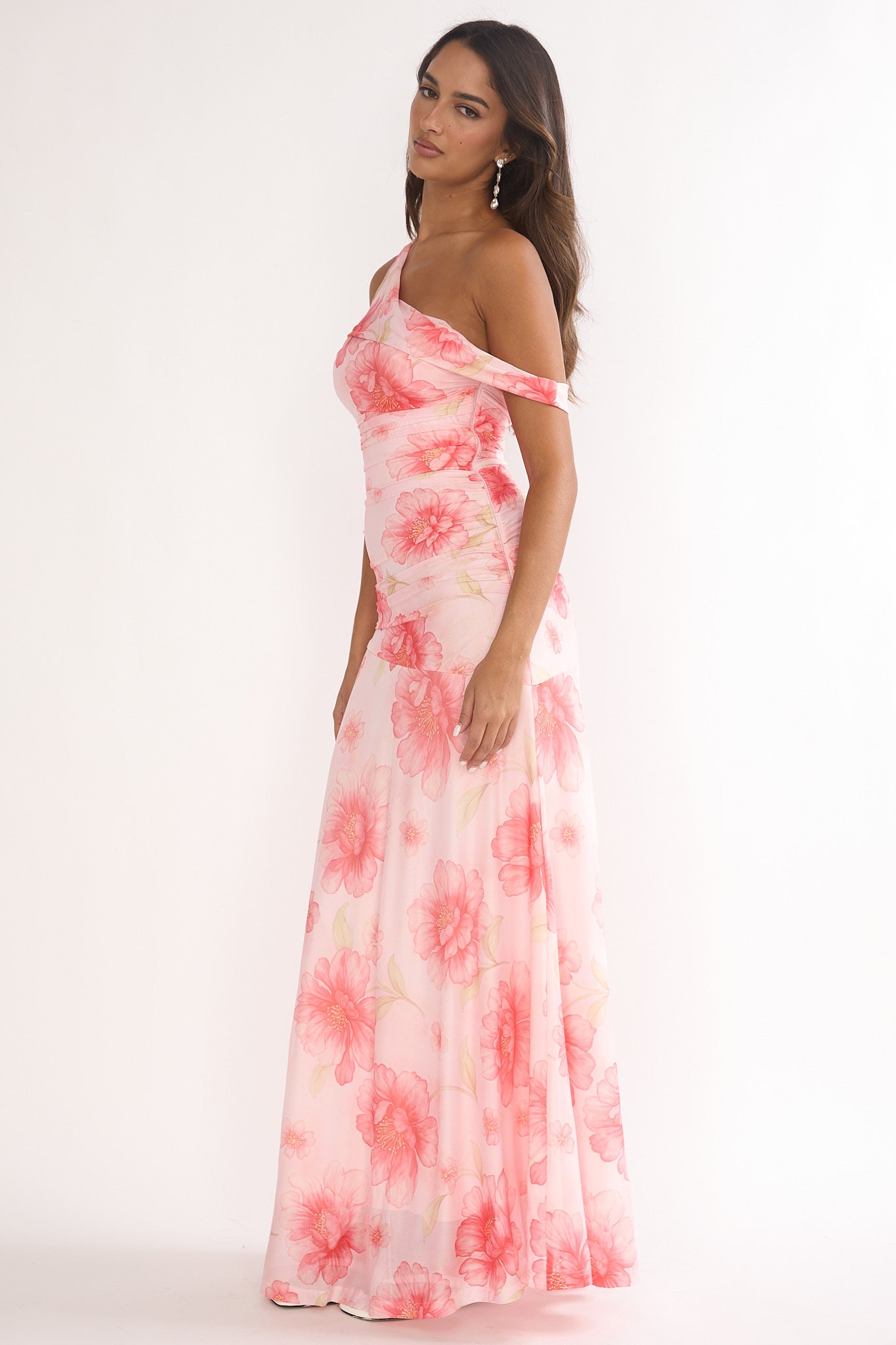 Lylah Asymmetric Neckline Mesh Maxi Dress Floral Pink by Selfie Leslie Australia