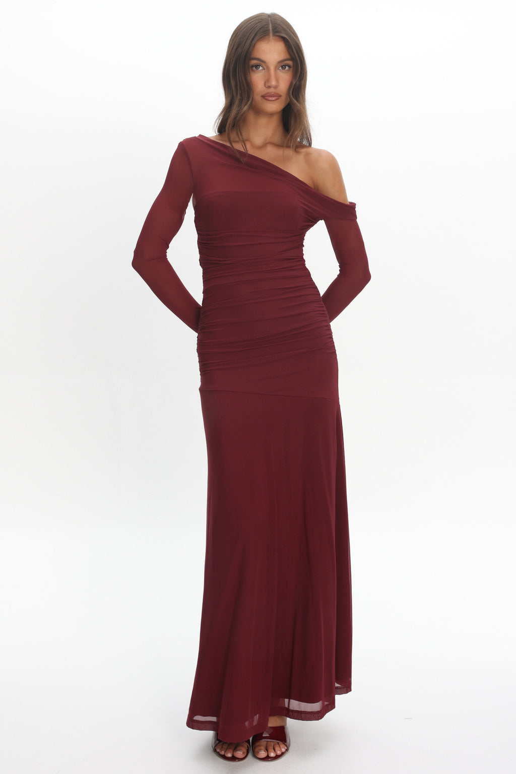 Lylah Asymmetric Neckline Long Sleeve Maxi Dress Mesh Chocolate by Selfie Leslie Australia