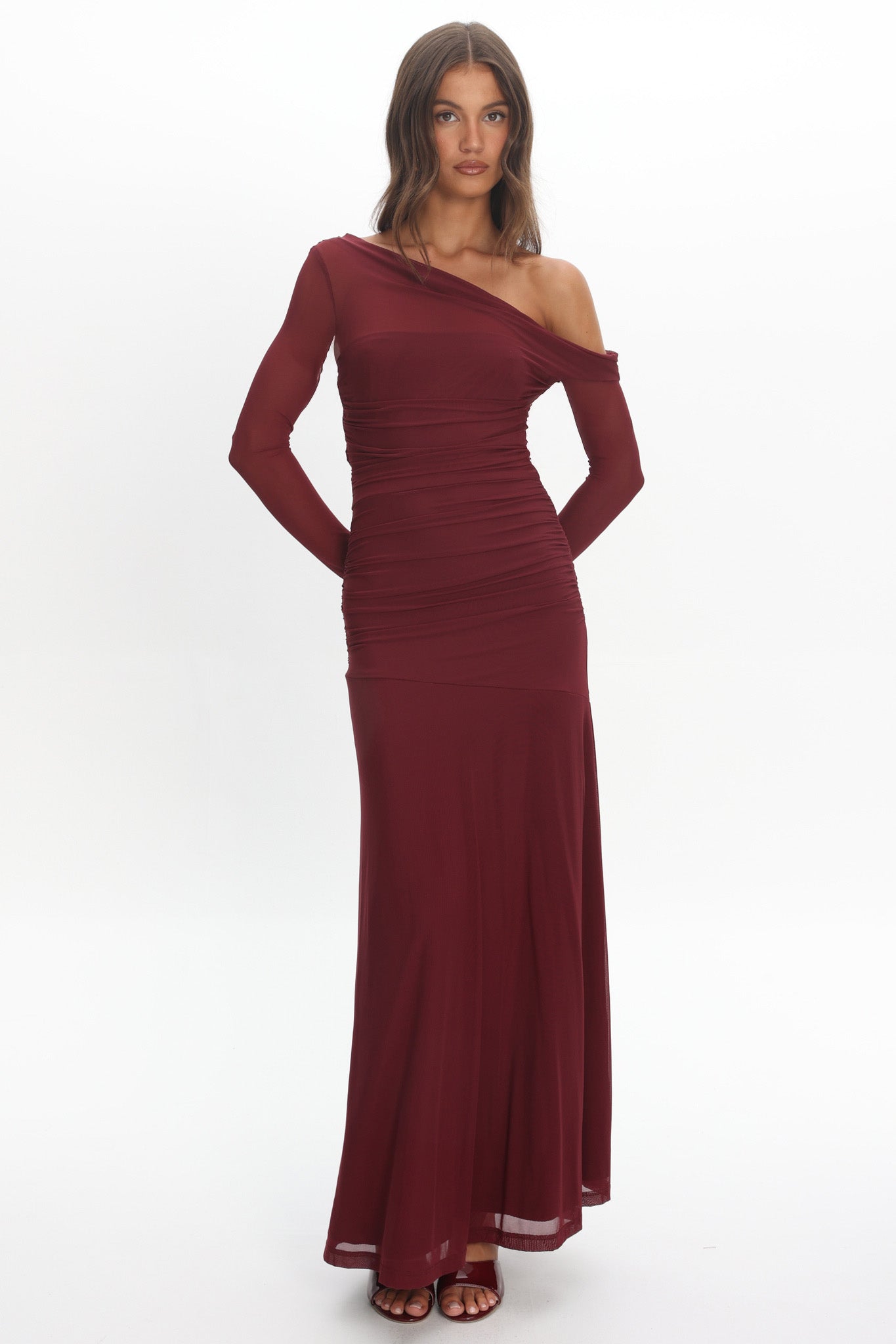 Lylah Asymmetric Neckline Long Sleeve Maxi Dress Mesh Chocolate by Selfie Leslie Australia