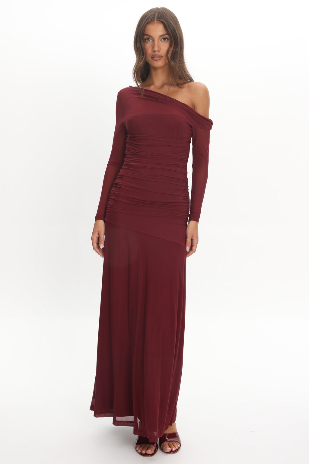Lylah Asymmetric Neckline Long Sleeve Maxi Dress Mesh Chocolate by Selfie Leslie Australia