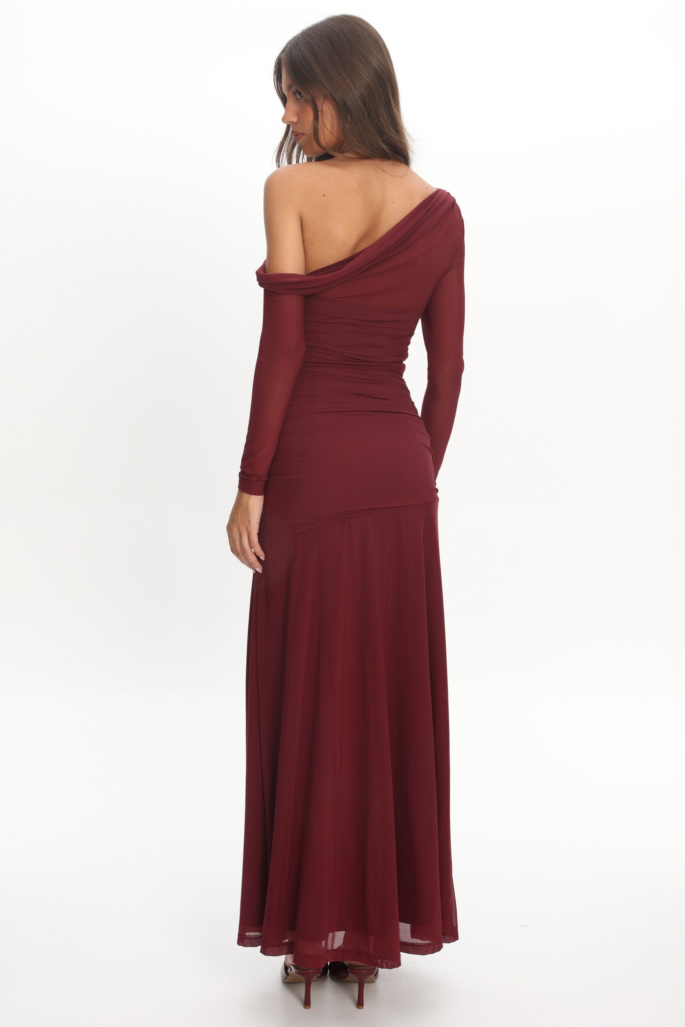 Lylah Asymmetric Neckline Long Sleeve Maxi Dress Mesh Chocolate by Selfie Leslie Australia
