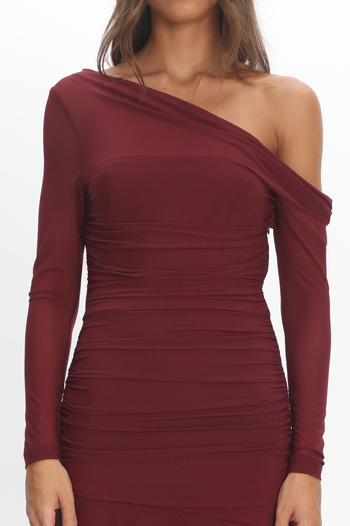 Lylah Asymmetric Neckline Long Sleeve Maxi Dress Mesh Chocolate by Selfie Leslie Australia