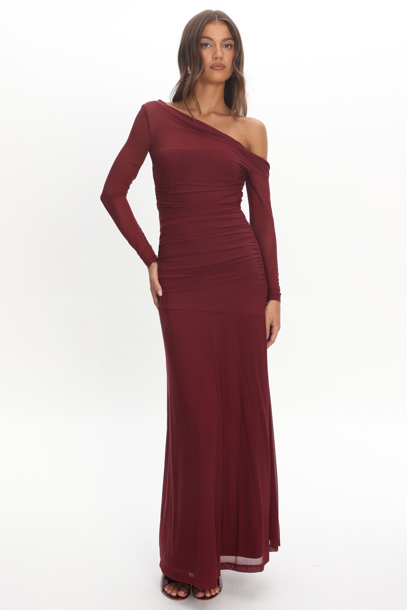 Lylah Asymmetric Neckline Long Sleeve Maxi Dress Mesh Chocolate by Selfie Leslie Australia