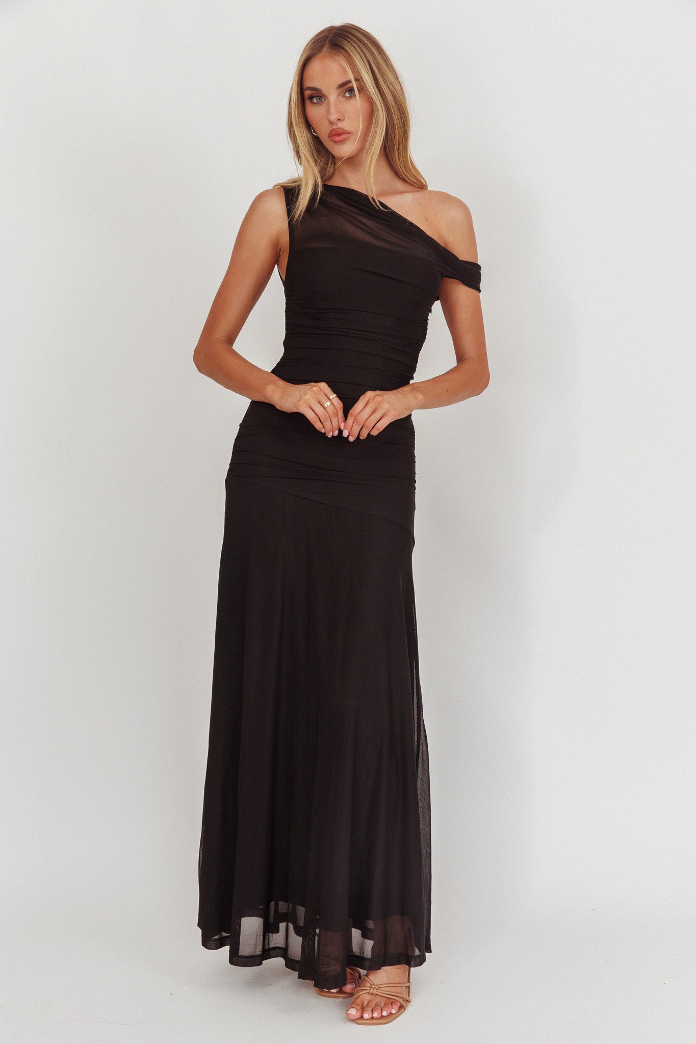 Shop the Lylah Asymmetric Neckline Mesh Maxi Dress Black