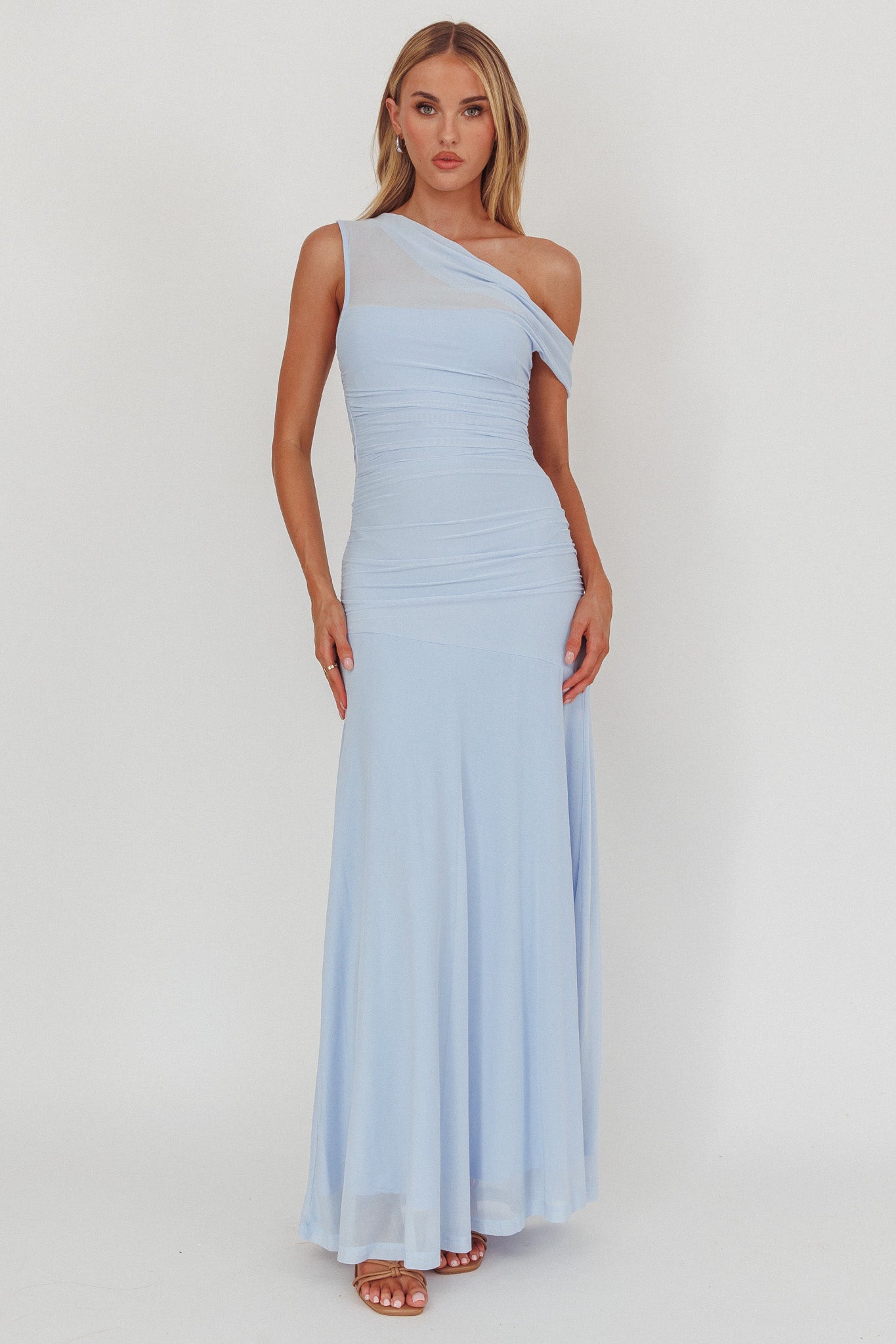 Lylah Asymmetric Neckline Mesh Maxi Dress Ice Blue by Selfie Leslie Australia
